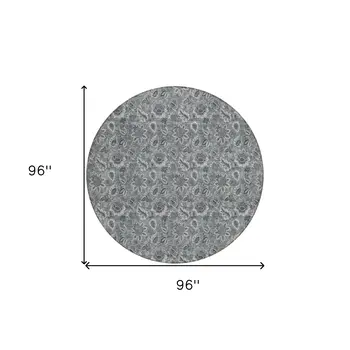 8' Gray Silver And Charcoal Round Floral Washable Indoor Outdoor Area Rug