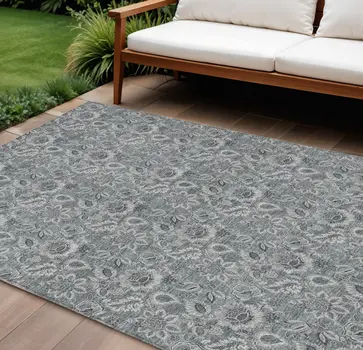8' X 10' Gray Silver And Charcoal Floral Washable Indoor Outdoor Area Rug