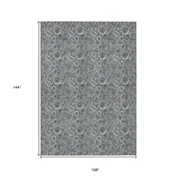 9' X 12' Gray Silver And Charcoal Floral Washable Indoor Outdoor Area Rug