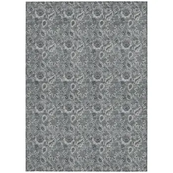 10' X 14' Gray Silver And Charcoal Floral Washable Indoor Outdoor Area Rug