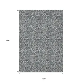 10' X 14' Gray Silver And Charcoal Floral Washable Indoor Outdoor Area Rug