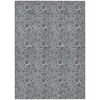 10' X 14' Gray Silver And Charcoal Floral Washable Indoor Outdoor Area Rug