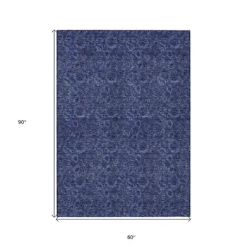 5' X 8' Navy Blue And Charcoal Floral Washable Indoor Outdoor Area Rug