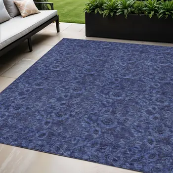 5' X 8' Navy Blue And Charcoal Floral Washable Indoor Outdoor Area Rug