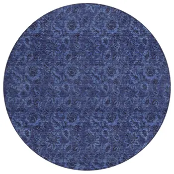8' Navy Blue And Charcoal Round Floral Washable Indoor Outdoor Area Rug