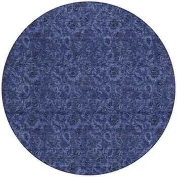 8' Navy Blue And Charcoal Round Floral Washable Indoor Outdoor Area Rug