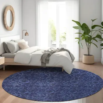 8' Navy Blue And Charcoal Round Floral Washable Indoor Outdoor Area Rug