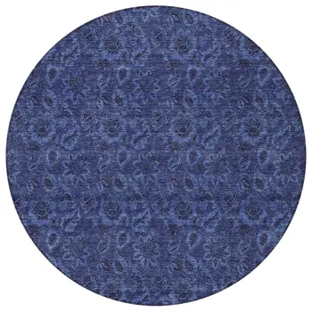 8' Navy Blue And Charcoal Round Floral Washable Indoor Outdoor Area Rug