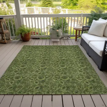 3' X 5' Olive Green And Fern Green Floral Washable Indoor Outdoor Area Rug