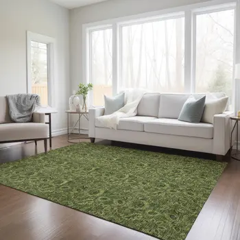3' X 5' Olive Green And Fern Green Floral Washable Indoor Outdoor Area Rug