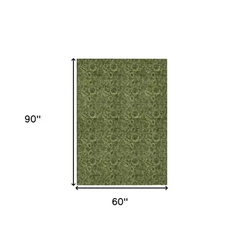 5' X 8' Olive Green And Fern Green Floral Washable Indoor Outdoor Area Rug