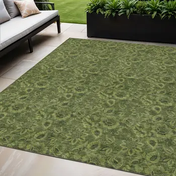 5' X 8' Olive Green And Fern Green Floral Washable Indoor Outdoor Area Rug