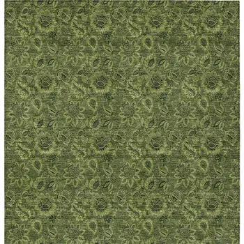 10' X 14' Olive Green And Fern Green Floral Washable Indoor Outdoor Area Rug