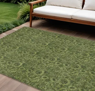 10' X 14' Olive Green And Fern Green Floral Washable Indoor Outdoor Area Rug