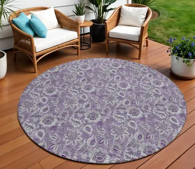 8' Purple Lilac And Lavender Round Floral Washable Indoor Outdoor Area Rug