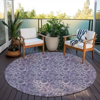 8' Purple Lilac And Lavender Round Floral Washable Indoor Outdoor Area Rug