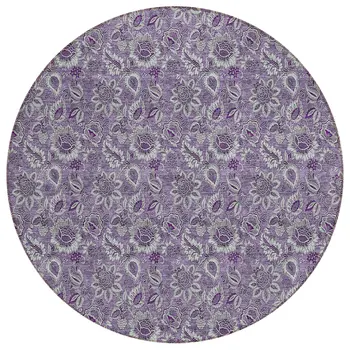 8' Purple Lilac And Lavender Round Floral Washable Indoor Outdoor Area Rug