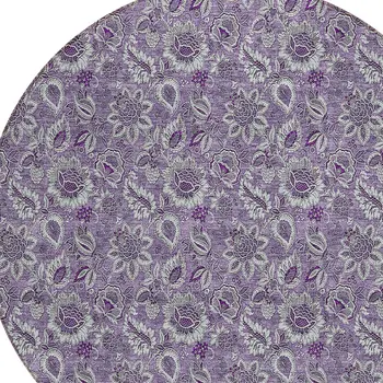 8' Purple Lilac And Lavender Round Floral Washable Indoor Outdoor Area Rug
