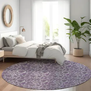 8' Purple Lilac And Lavender Round Floral Washable Indoor Outdoor Area Rug