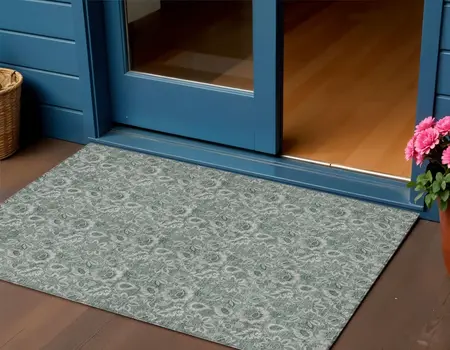 3' X 5' Sage Green And Silver Floral Washable Indoor Outdoor Area Rug