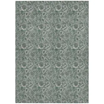 5' X 8' Sage Green And Silver Floral Washable Indoor Outdoor Area Rug