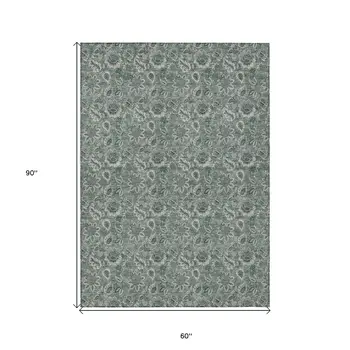 5' X 8' Sage Green And Silver Floral Washable Indoor Outdoor Area Rug