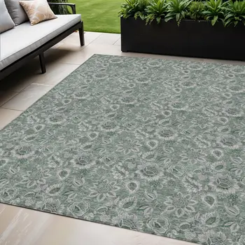 5' X 8' Sage Green And Silver Floral Washable Indoor Outdoor Area Rug