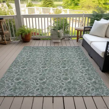 5' X 8' Sage Green And Silver Floral Washable Indoor Outdoor Area Rug