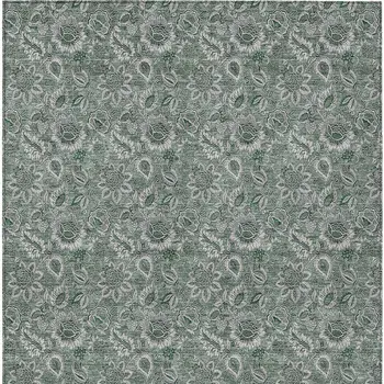 5' X 8' Sage Green And Silver Floral Washable Indoor Outdoor Area Rug