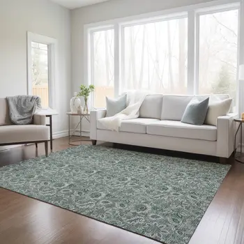 5' X 8' Sage Green And Silver Floral Washable Indoor Outdoor Area Rug
