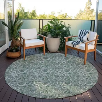 8' Sage Green And Silver Round Floral Washable Indoor Outdoor Area Rug