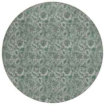 8' Sage Green And Silver Round Floral Washable Indoor Outdoor Area Rug