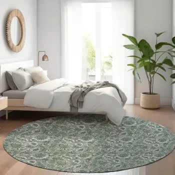 8' Sage Green And Silver Round Floral Washable Indoor Outdoor Area Rug