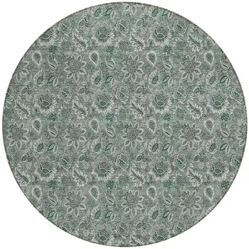 8' Sage Green And Silver Round Floral Washable Indoor Outdoor Area Rug