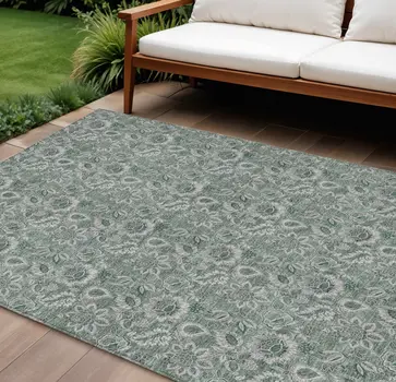 8' X 10' Sage Green And Silver Floral Washable Indoor Outdoor Area Rug