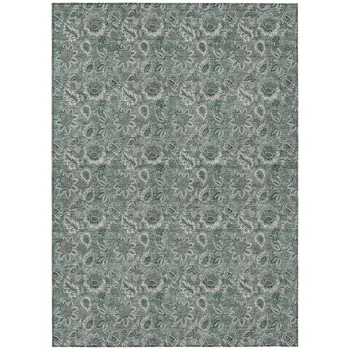 8' X 10' Sage Green And Silver Floral Washable Indoor Outdoor Area Rug