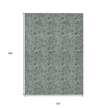 10' X 14' Sage Green And Silver Floral Washable Indoor Outdoor Area Rug