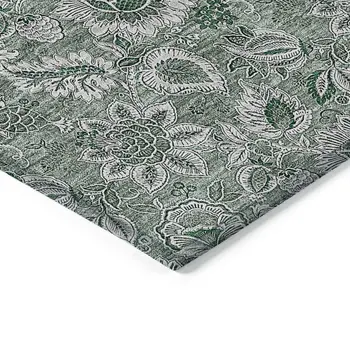 10' X 14' Sage Green And Silver Floral Washable Indoor Outdoor Area Rug
