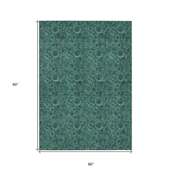 5' X 8' Teal Blue Green And Charcoal Floral Washable Indoor Outdoor Area Rug