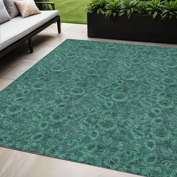5' X 8' Teal Blue Green And Charcoal Floral Washable Indoor Outdoor Area Rug