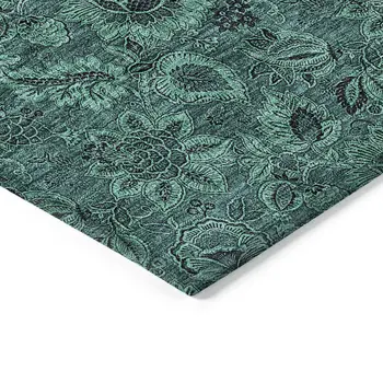 5' X 8' Teal Blue Green And Charcoal Floral Washable Indoor Outdoor Area Rug