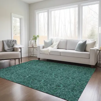 5' X 8' Teal Blue Green And Charcoal Floral Washable Indoor Outdoor Area Rug
