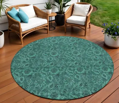 8' Teal Blue Green And Charcoal Round Floral Washable Indoor Outdoor Area Rug