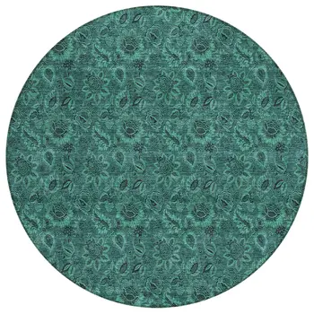 8' Teal Blue Green And Charcoal Round Floral Washable Indoor Outdoor Area Rug