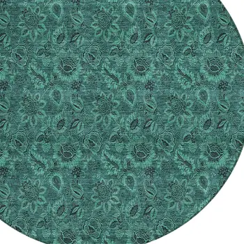 8' Teal Blue Green And Charcoal Round Floral Washable Indoor Outdoor Area Rug