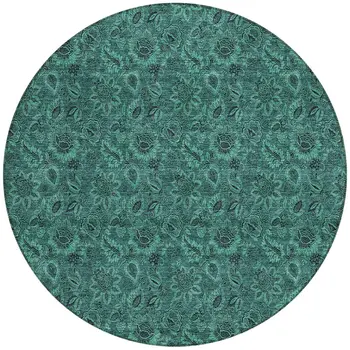8' Teal Blue Green And Charcoal Round Floral Washable Indoor Outdoor Area Rug