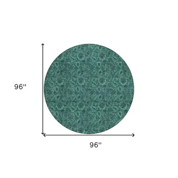 8' Teal Blue Green And Charcoal Round Floral Washable Indoor Outdoor Area Rug