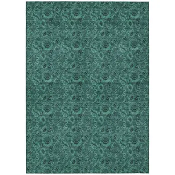 8' X 10' Teal Blue Green And Charcoal Floral Washable Indoor Outdoor Area Rug