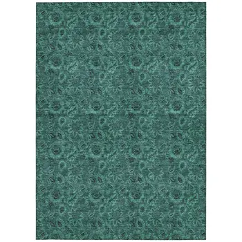 10' X 14' Teal Blue Green And Charcoal Floral Washable Indoor Outdoor Area Rug