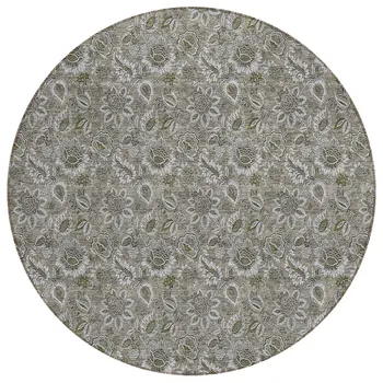 8' Taupe Brown And Beige Round Floral Washable Indoor Outdoor Area Rug